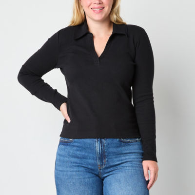 a.n.a Ribbed Womens Long Sleeve Polo Shirt