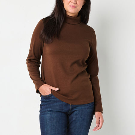 St. John's Bay Womens Turtleneck Long Sleeve T-Shirt, Petite X-small, Brown