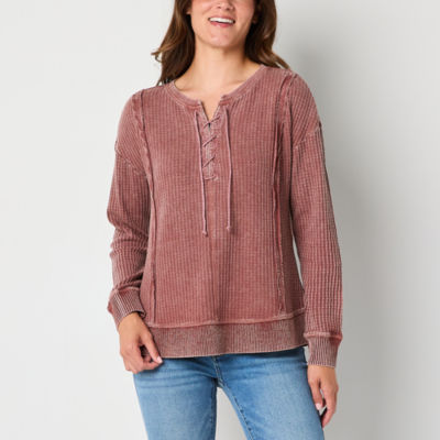 Frye and Co. Waffle Womens Split Tie Neck Long Sleeve Henley Shirt