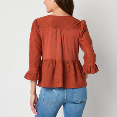 Frye and Co. Womens V Neck 3/4 Sleeve Peplum Top