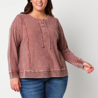 Frye and Co. Plus Waffle Womens Split Tie Neck Long Sleeve Henley Shirt