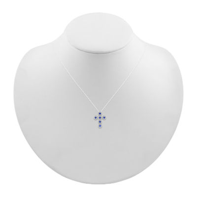 Womens Lab Created Sapphire Sterling Silver Cross Pendant Necklace