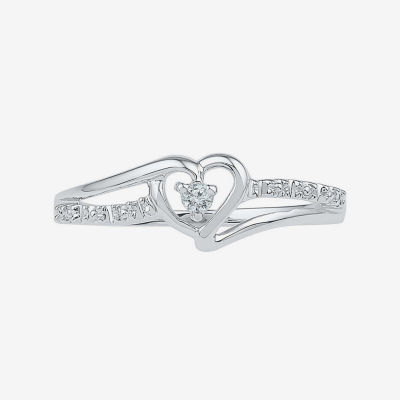 Womens Diamond Accent Mined Diamond 10K White Gold Heart Delicate Cocktail Ring