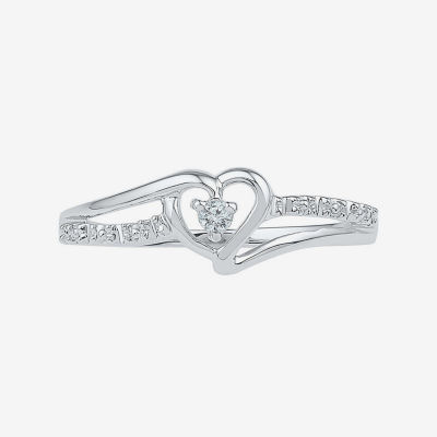 Womens Diamond Accent Natural Diamond 10K White Gold Heart Delicate Cocktail Ring