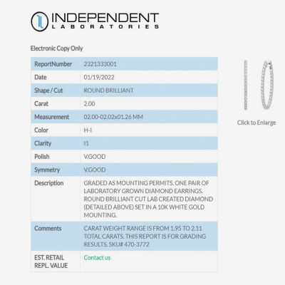 (H-I / I1) 2 CT. T.W. Lab Grown White Diamond 10K or 14K Gold 35mm Hoop Earrings