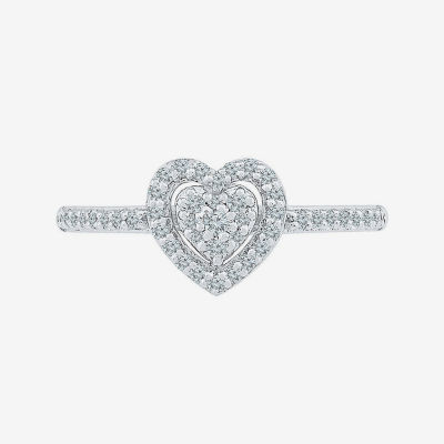 Womens 1/4 CT. T.W. Natural White Diamond 10K Gold Heart Cluster Halo Cocktail Ring