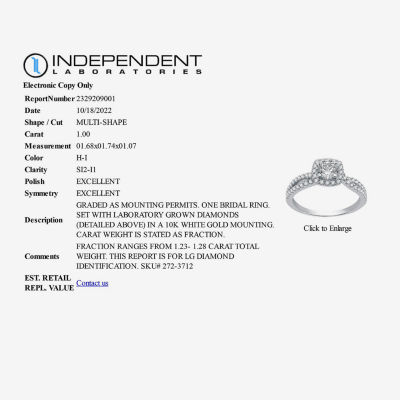 (H-I / I1) Signature By Modern Bride Womens 1 CT. T.W. Lab Grown White Diamond Cushion Side Stone Halo Engagement Ring