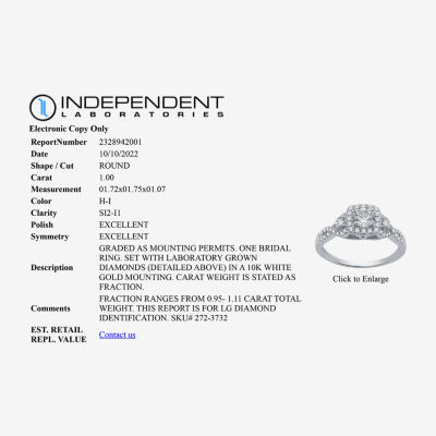 Signature By Modern Bride (H-I / I1) Womens 1 CT. T.W. Lab Grown White Diamond 10K Gold Cushion Side Stone Halo Engagement Ring