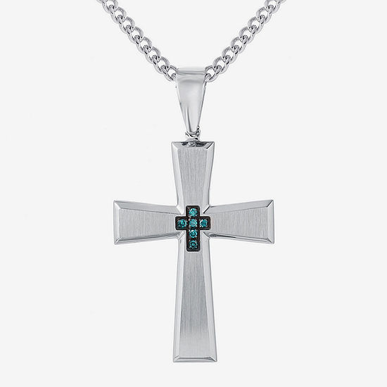 Mens Color-Enhanced Blue Diamond-Accent Stainless Steel Cross Pendant Necklace