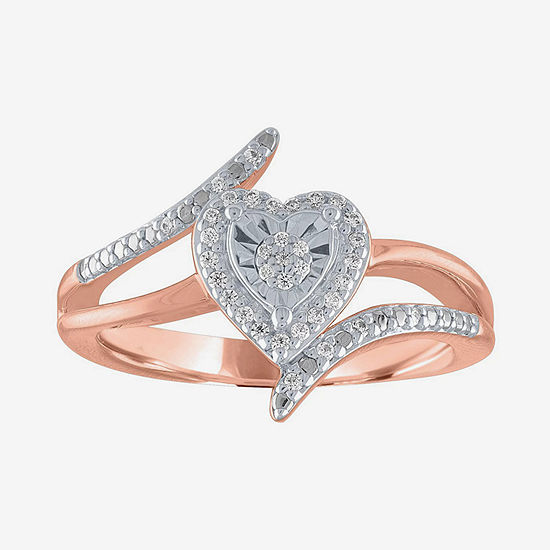Womens 1/10 CT. T.W. Mined White Diamond 14K Rose Gold Over Silver Sterling Silver Heart Halo Bypass  Cocktail Ring