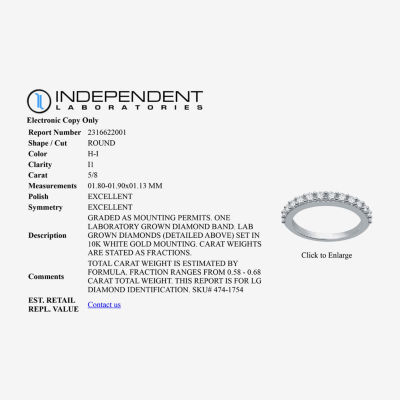 (H-I / I1) Womens 5/8 CT. T.W. Lab Grown White Diamond 10K Gold Wedding Band