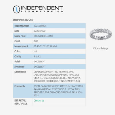 (H-I / Si1-Si2) 3MM 3 CT. T.W. Lab Grown White Diamond 14K Gold Eternity Wedding Band