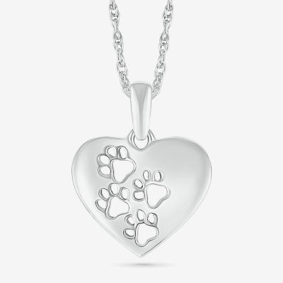 Womens 10K White Gold Cut-out Paw Print Heart Pendant Necklace