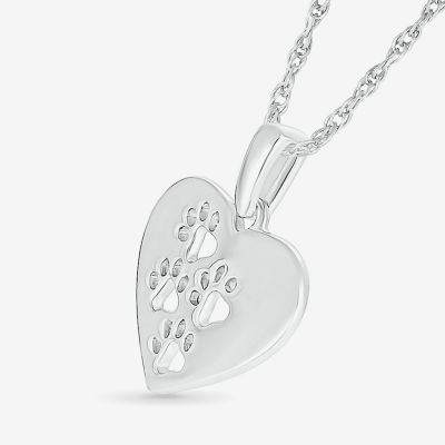 Womens 10K White Gold Cut-out Paw Print Heart Pendant Necklace