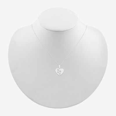 Womens 10K White Gold Cut-out Paw Print Heart Pendant Necklace