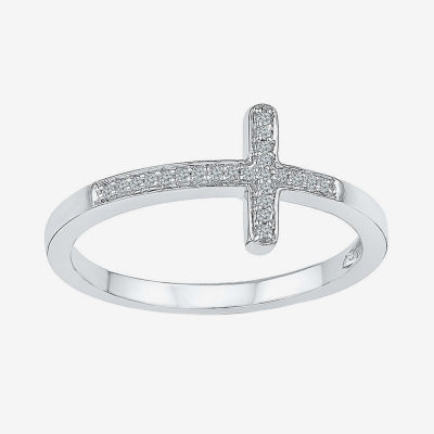 Sideways Womens Diamond Accent Mined White Sterling Silver Cross Delicate Cocktail Ring