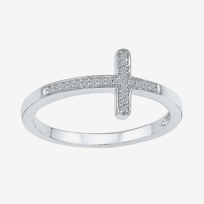 Sideways Womens Diamond Accent Natural White Sterling Silver Cross Delicate Cocktail Ring