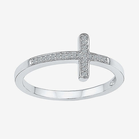 Sideways Womens Diamond Accent Natural White Diamond Sterling Silver Cross Delicate Cocktail Ring, 7