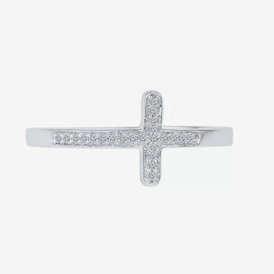 Sideways Womens Diamond Accent Mined White Sterling Silver Cross Delicate Cocktail Ring