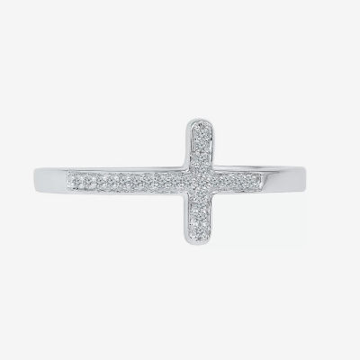 Sideways Womens Diamond Accent Natural White Sterling Silver Cross Delicate Cocktail Ring