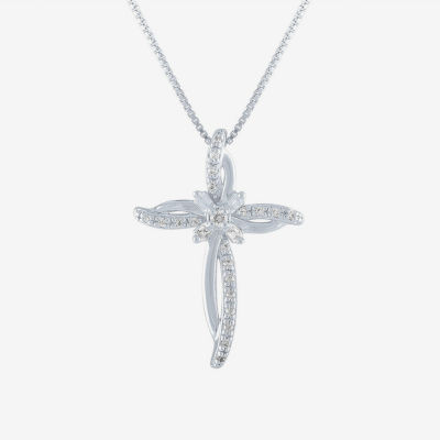 Womens 1/10 CT. T.W. Natural White Diamond Sterling Silver Cross Pendant Necklace