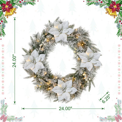 Glitzhome 2ft Pre-Lit Flocked Indoor Christmas Wreath