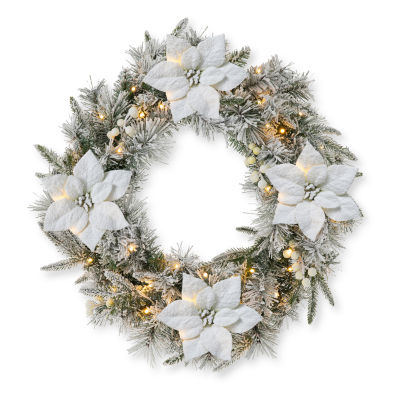 Glitzhome 2ft Pre-Lit Flocked Indoor Christmas Wreath