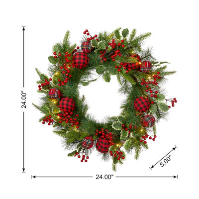 Glitzhome 2ft Ornament Berry Holly Pine Indoor Christmas Wreath