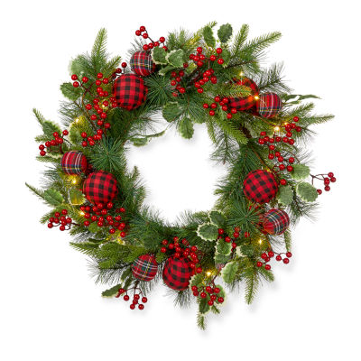 Glitzhome 2ft Ornament Berry Holly Pine Indoor Christmas Wreath