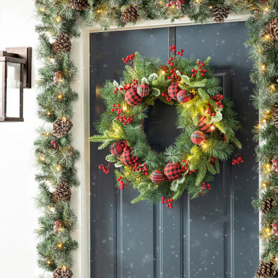 Glitzhome 2ft Ornament Berry Holly Pine Wreath