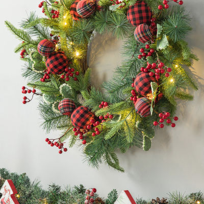 Glitzhome 2ft Ornament Berry Holly Pine Indoor Christmas Wreath