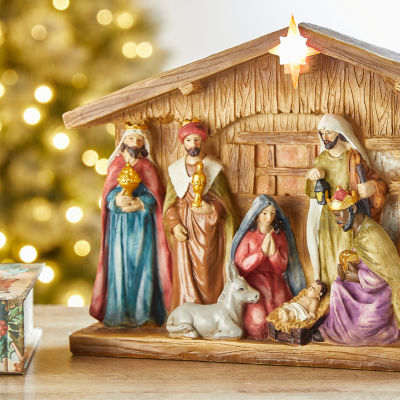 Glitzhome Lighted Resin House Nativity Set