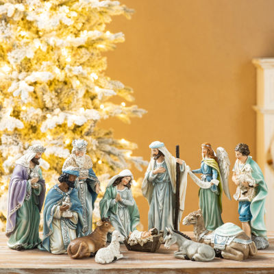 Glitzhome 12pcs Blue Resin Figurine Nativity Set