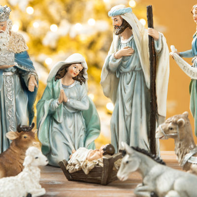 Glitzhome 12pcs Blue Resin Figurine Nativity Set