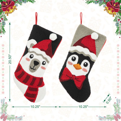 Glitzhome Polar Bear & Penguin Hooked Christmas Stocking