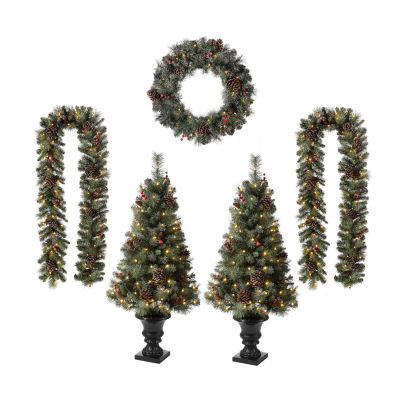 Glitzhome Wreath, 2pc Porch Tree, 2pc Garland Indoor Christmas, Color ...