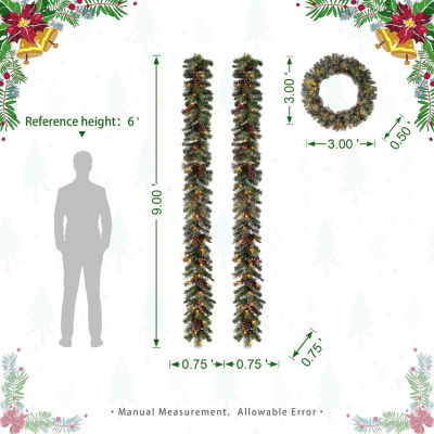 Glitzhome Pre-Lit Wreath, 2pc Indoor Christmas Garland