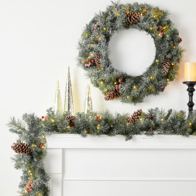 Glitzhome Pre-Lit Wreath, 2pc Indoor Christmas Garland