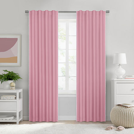 Under the Stars Kids Hayden Pompom Energy Saving 100% Blackout Rod Pocket Back Tab Single Curtain Panel, One Size, Pink