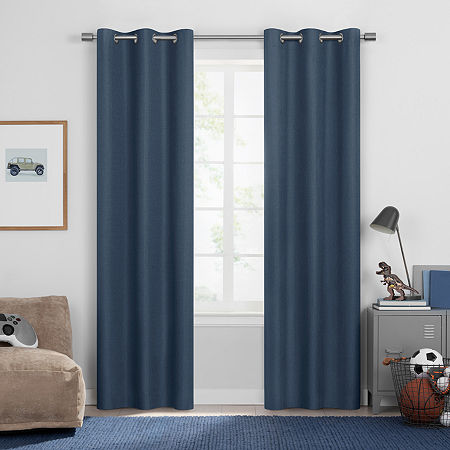 Under the Stars Kids Hayden Textured Energy Saving 100% Blackout Grommet Top Single Curtain Panel, One Size, Blue