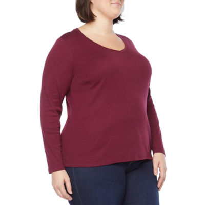 St. John's Bay Womens Plus V Neck Long Sleeve T-Shirt