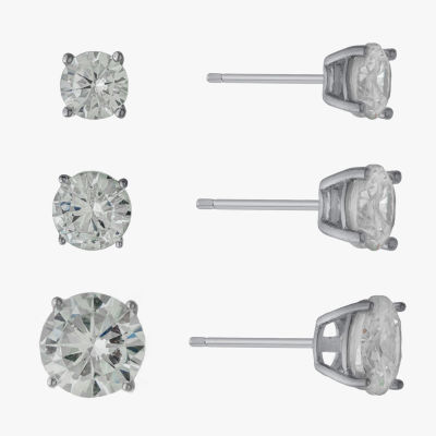 Silver Treasures Womens Cubic Zirconia Sterling Silver Round 3 Pair Earring Set
