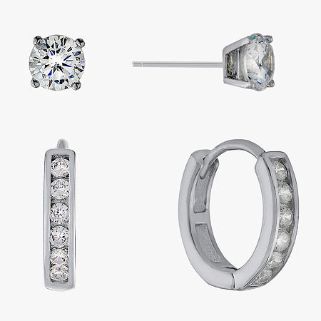 Silver Treasures Womens Cubic Zirconia Sterling Silver 2 Pair Earring Set, One Size