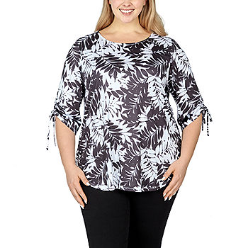 Larky Lark Womens Plus Round Neck 3/4 Sleeve T-Shirt, Color: Blackwhite -  JCPenney