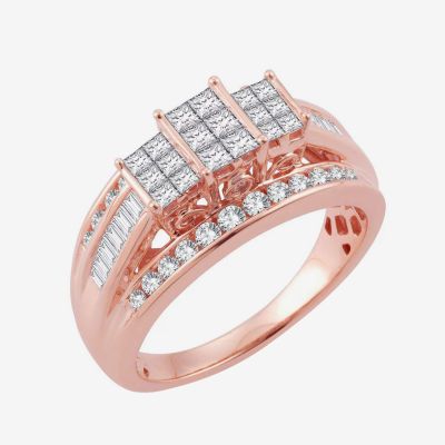 Love Lives Forever Womens 1 CT. T.W. Natural White Diamond 10K Rose Gold Side Stone 3-Stone Engagement Ring