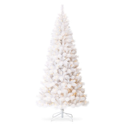 Glitzhome 8 Ft Pre-Lit White Slim Pine Christmas Tree