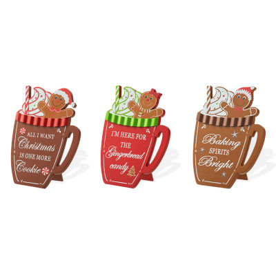 Glitzhome 3-pc Gingerbread Man Mug Wooden Christmas Tabletop Decor