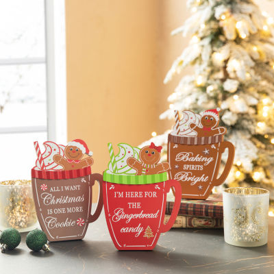 Glitzhome 3-pc Gingerbread Man Mug Wooden Christmas Tabletop Decor