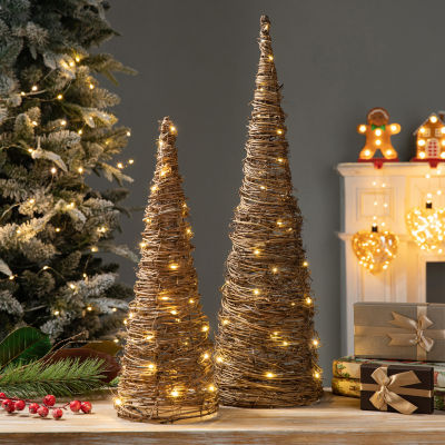 Glitzhome 2-pc Lighted Rattan Christmas Tabletop Tree