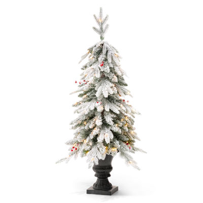 Glitzhome Pre-Lit Flocked Porch 4 Foot Fir Christmas Tree